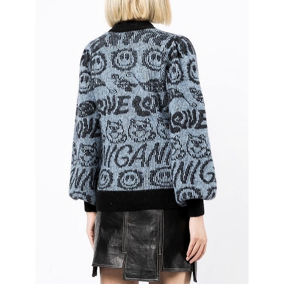 Ganni Smiley Logo Intarsia Wool Knit Puff Sleeve Jumper Sweater - Picture 12 of 12